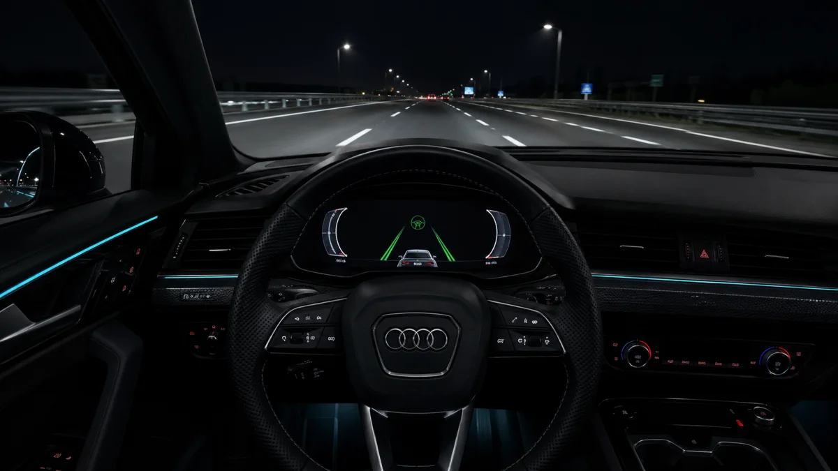Aktív Audi Lane Assist kijelzés éjszakai vezetés közben