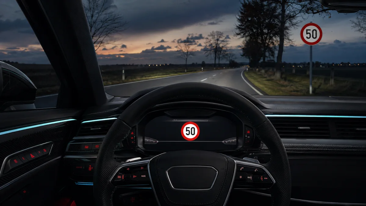 Felismert sebességkorlátozó tábla az Audi virtuális műszeregységén