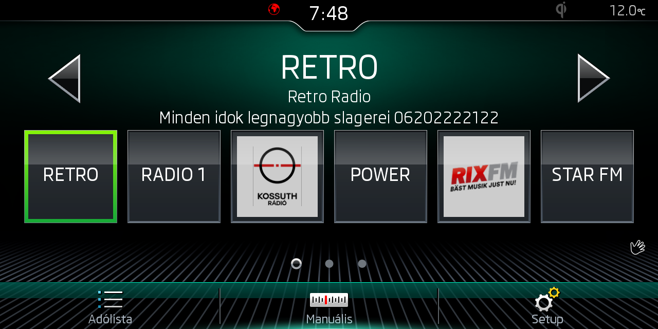 RADIO képernyő, jobb alsó sarokban a Setup lehetőséggel