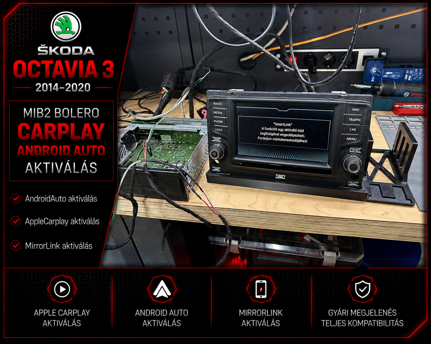 Škoda Octavia 3 navigáció nélküli MIB2 Bolero SmartLink CarPlay Android Auto aktiválás
