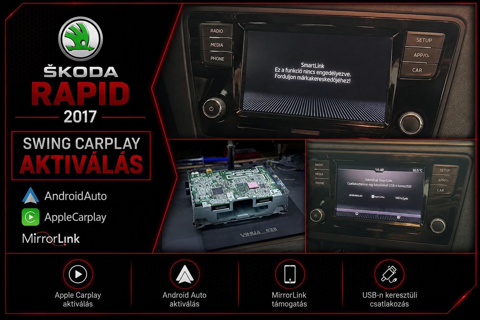 Skoda Rapid 2017 SWING SmartLink CarPlay Android Auto MirrorLink aktiválás